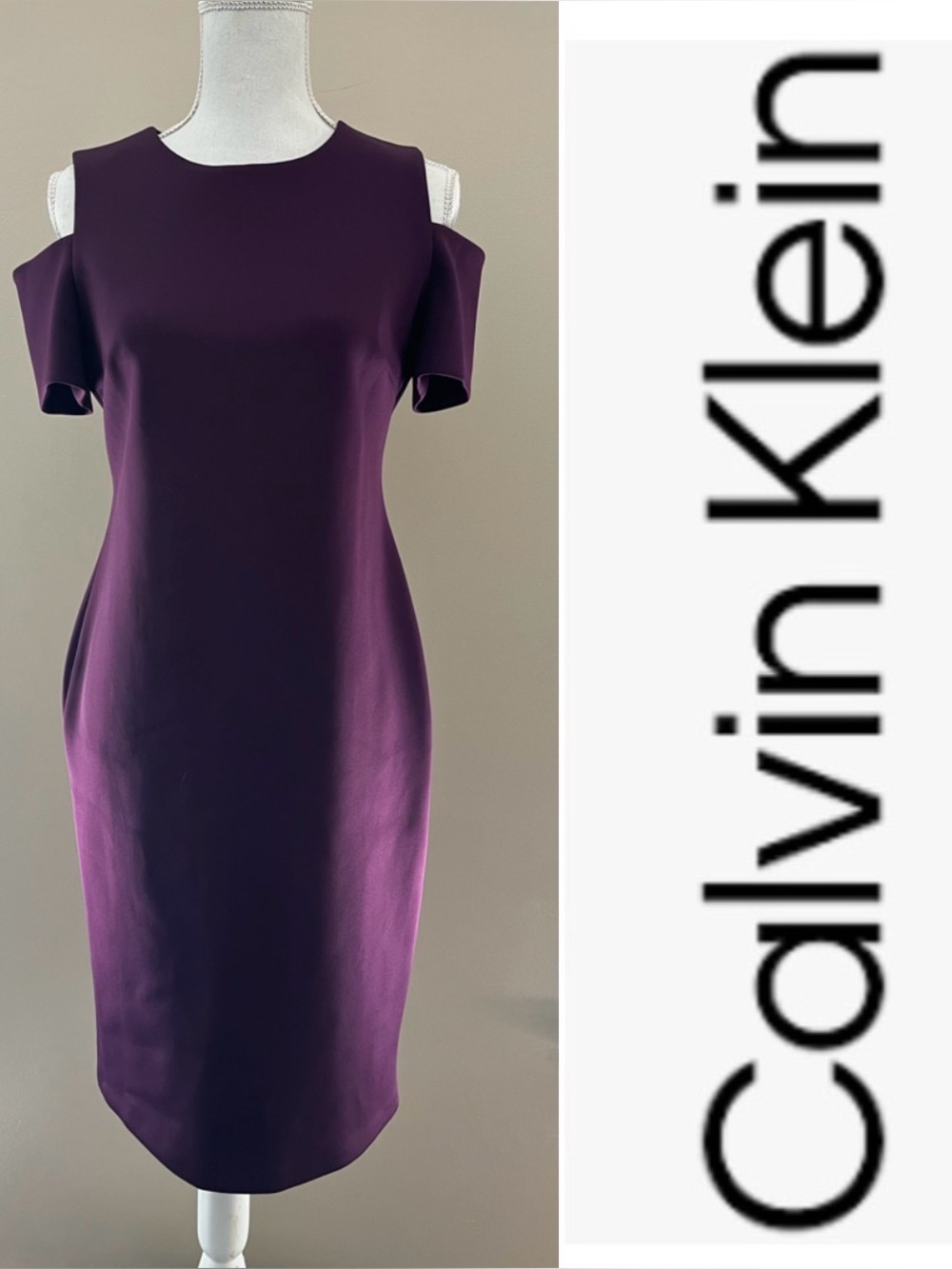 EUC Calvin Klein exposed shoulder Plum scuba dress size 8
